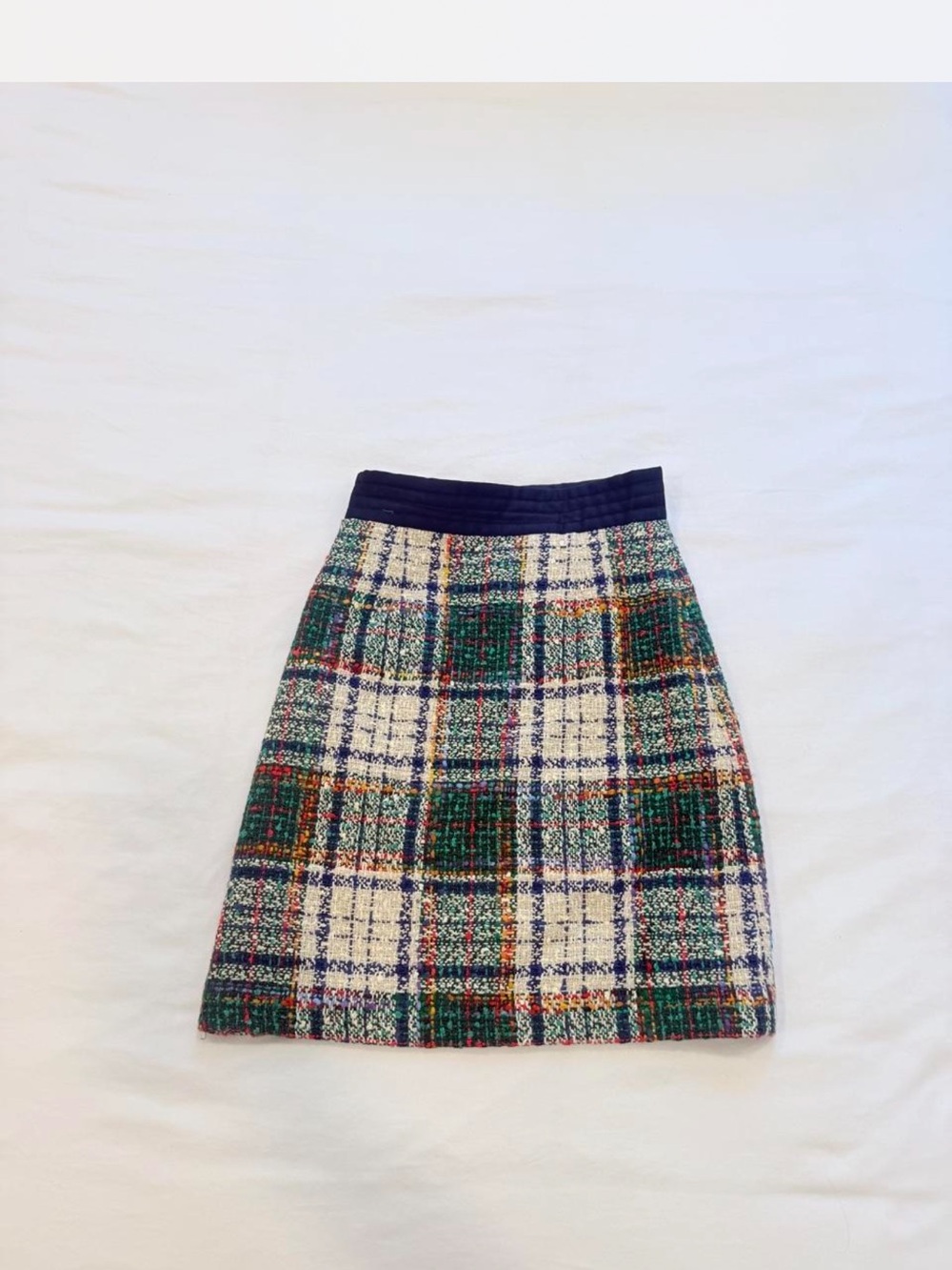 Tory Burch Multicolor Plaid Pencil Skirt with Navy Waistband